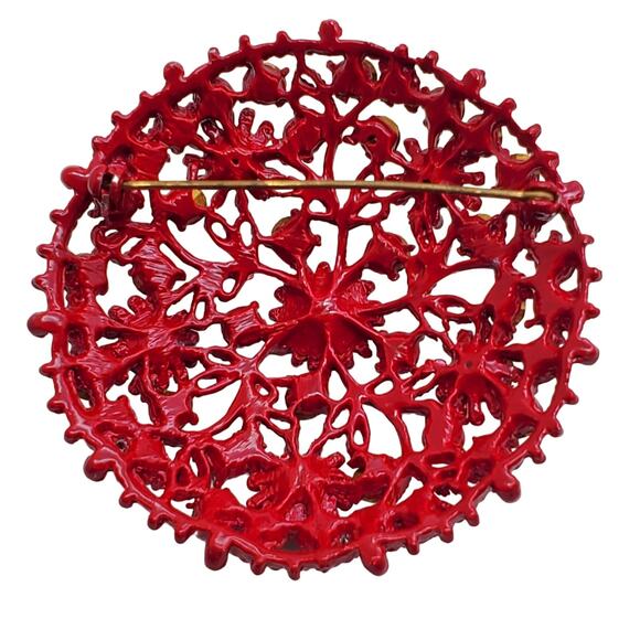 Large Round Red Rhinestone Brooch Enamel Floral Metal Pin Circle Cluster Dome - Picture 4 of 10